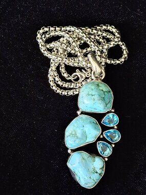 Natural Turquoise Blue Topaz Gemstone Handmade Pendant with Chain 475 NWOT